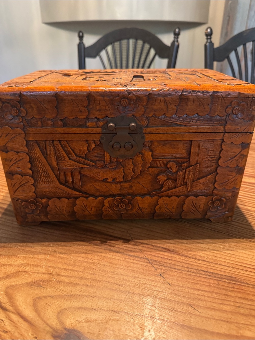 Hand-Carved Wooden Decorative Box in Warm Brown